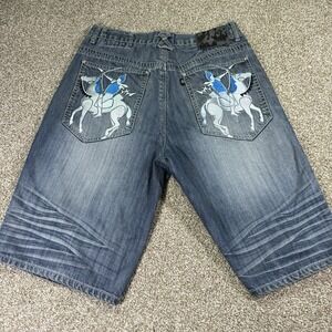 Eighty 732 Wide Leg Baggy Denim Jorts Y2k Hiphop Style Embroidered Crazy Fade